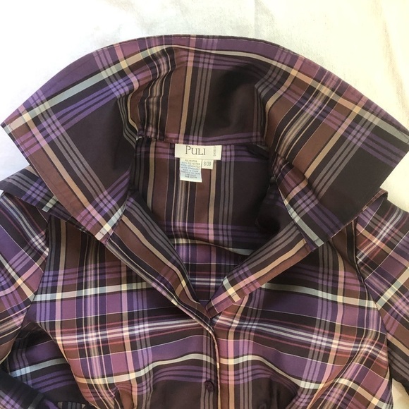 PULI Purple plaid Button up double collar jacket blouse​​​.  Feminine. Medium - Picture 4 of 10
